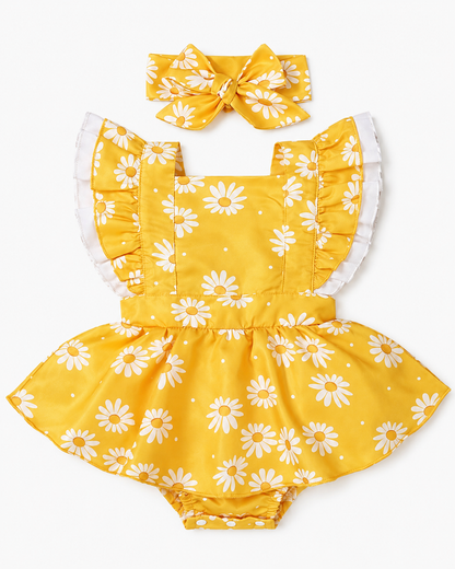 Baby Girl Yellow Daisy Romper Dress with Headband – SHEIN Fast Delivery in 5 Days