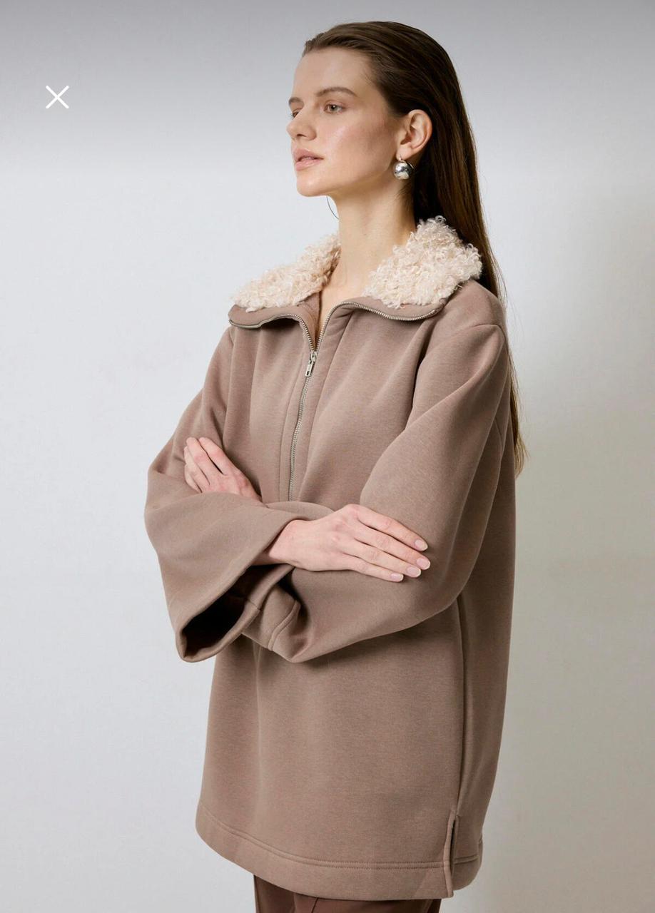 Women’s Taupe Oversized Half-Zip Fleece Collar Sweatshirt – Cozy Longline Winter Pullover