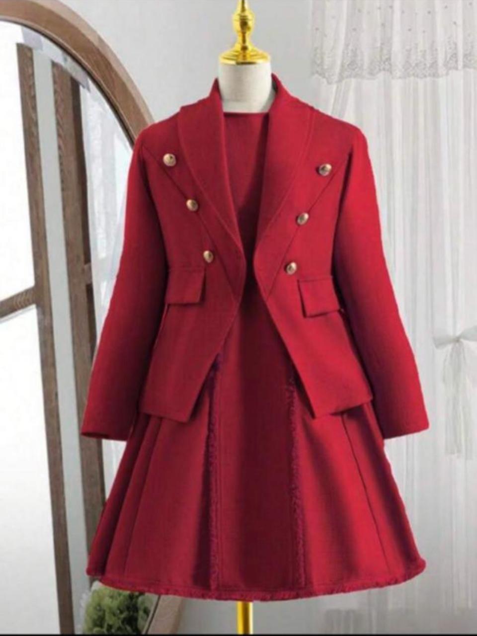 Girls Burgundy Blazer Dress Set – Elegant 2 Piece Formal Outfit for Kids
