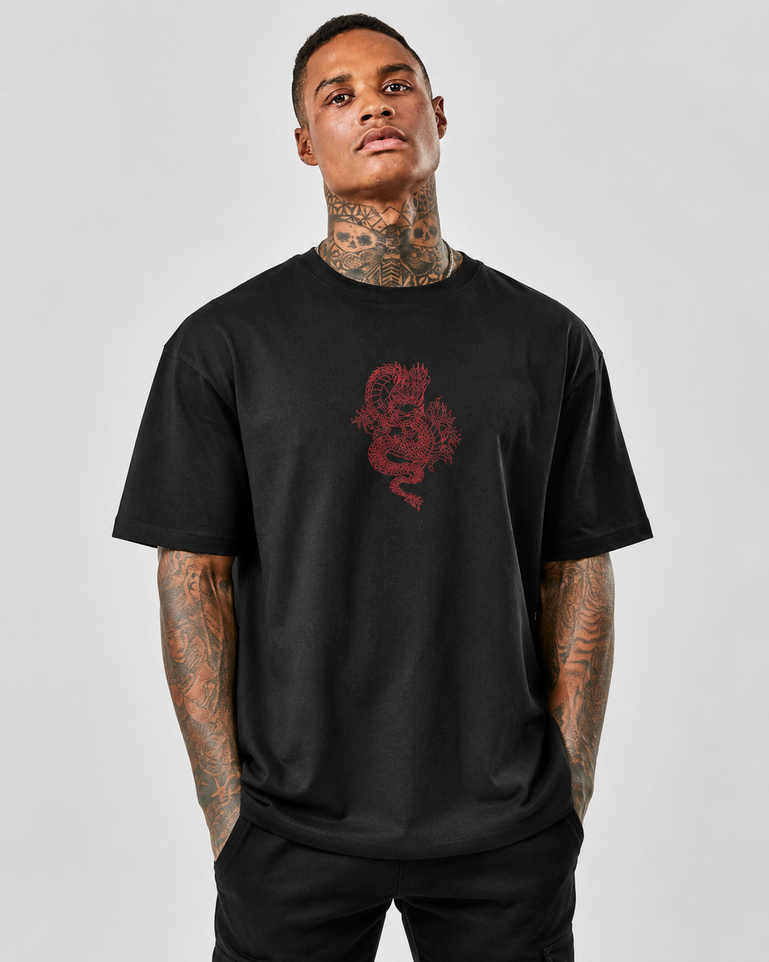 Men’s Black Dragon Graphic Cotton T-Shirt, Short Sleeve Casual Streetwear Top
