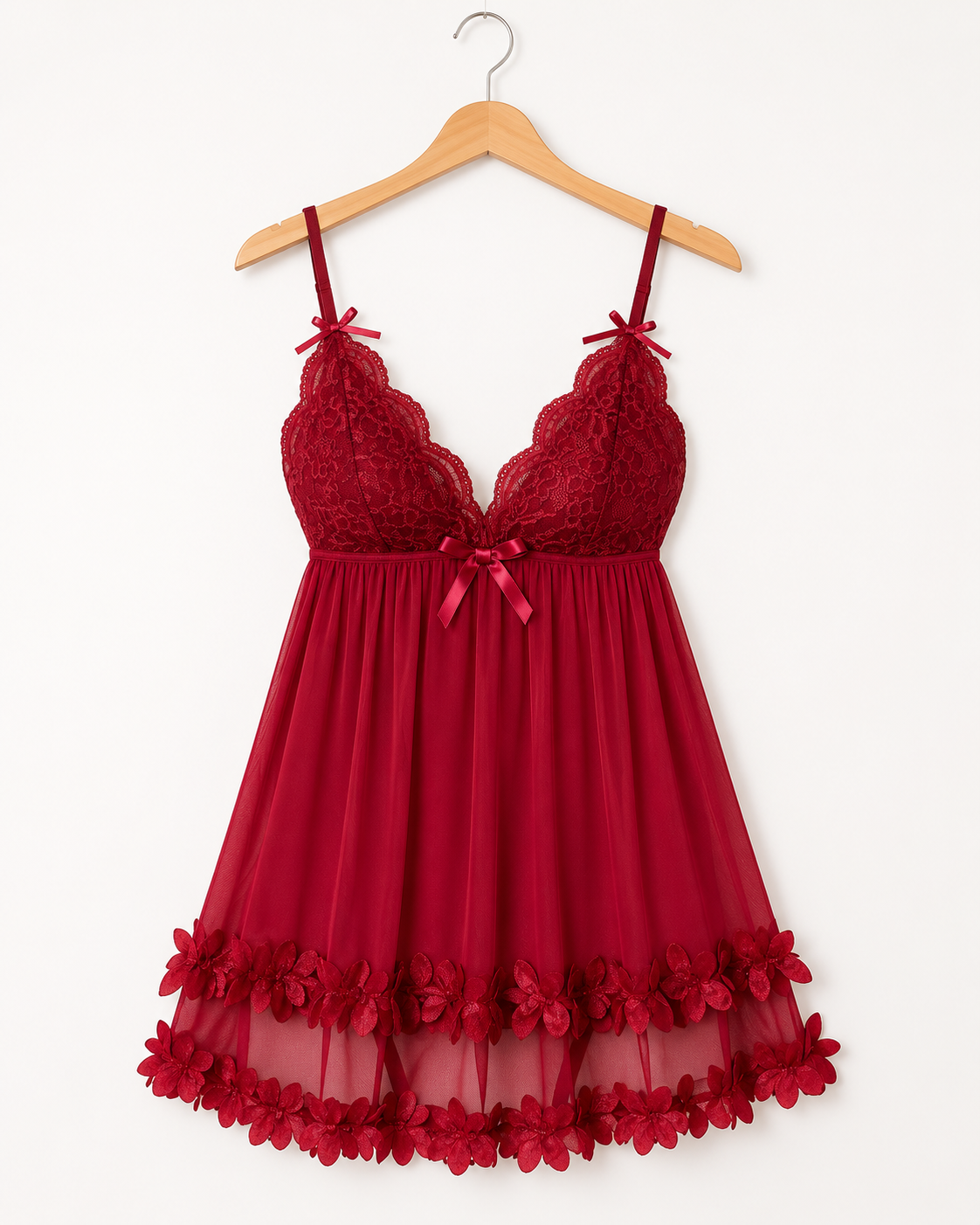SHEIN Women Burgundy Lace Mesh Babydoll Nightdress