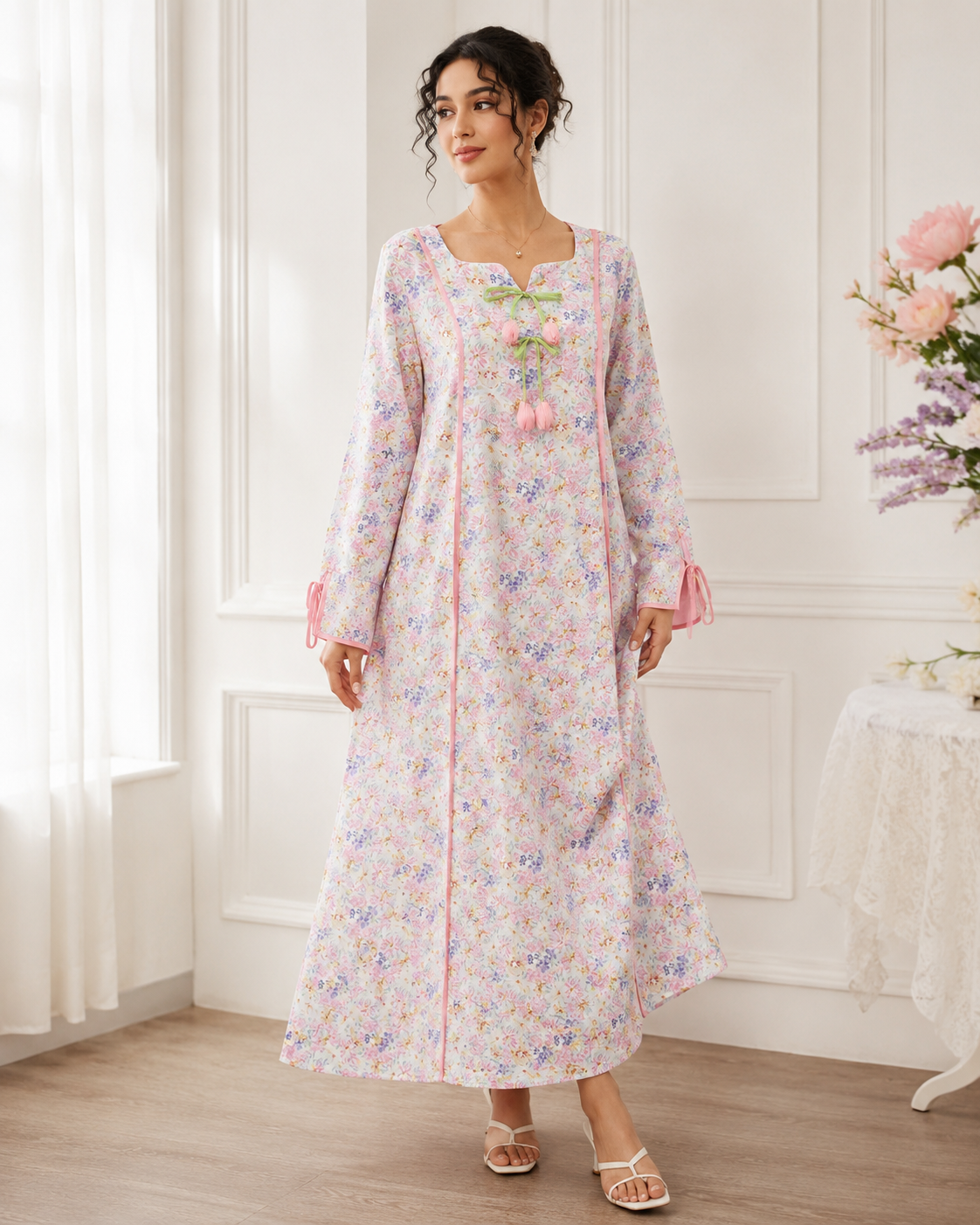 Women’s Pastel Floral Maxi Dress – Long Sleeve Modest Dress with Bow Tie Details