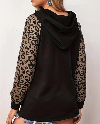 Women’s Black Leopard Print Sleeve Hoodie Top – Casual Long Sleeve Pullover
