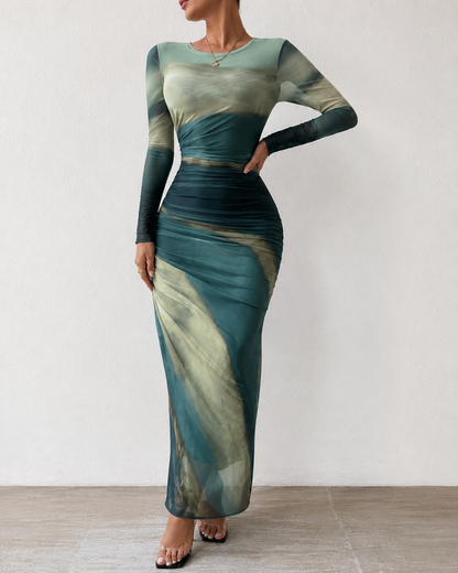 Rafferriza Petite Green Printed Mesh Bodycon Maxi Dress