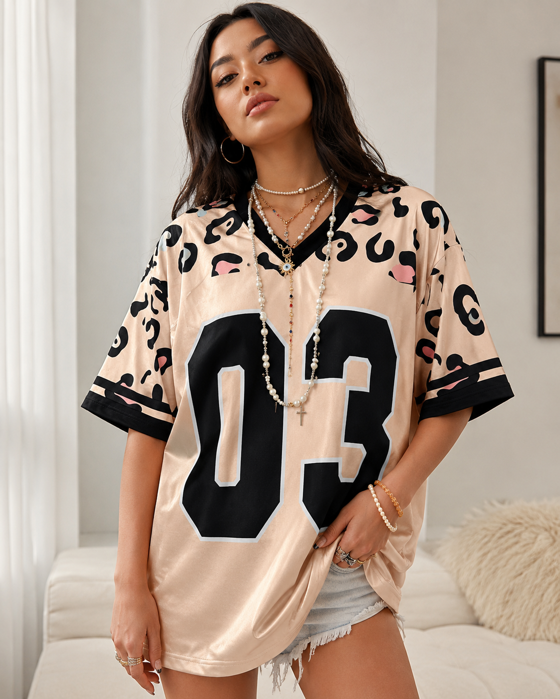 Women’s Beige 03 Graphic Jersey T-Shirt – Oversized V Neck Casual Top