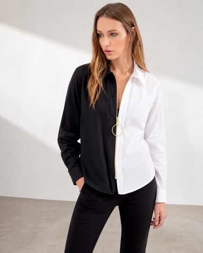 Trendyol Fast Delivery Black & White Color Block Shirt – Zipper Front Casual Blouse