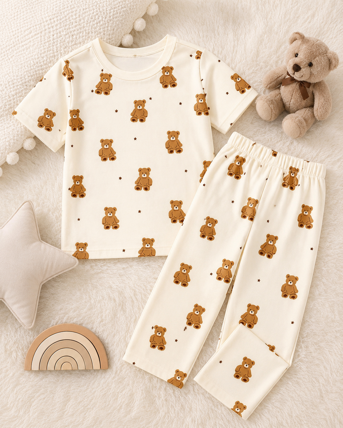 Girls’ Cream Teddy Bear Pajama Set – Short Sleeve Top and Wide Leg Pants