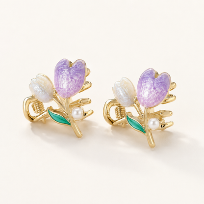 SHEIN Purple Tulip Hair Clips Set – Gold Tone Floral Hair Claws with Pearl Detail, SHEIN Fast Delivery in 5 Days