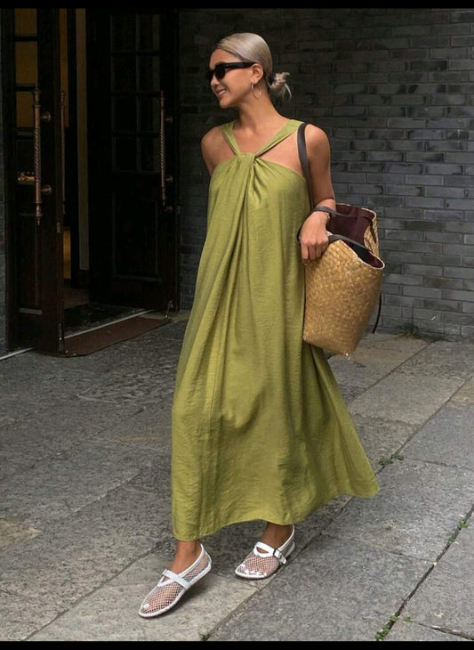 Olive Green Twist Neck Maxi Dress for Women – Casual Summer Loose Fit Dress