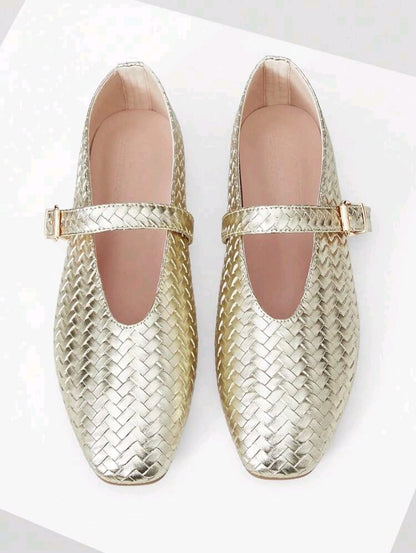 SHEIN Women Gold Woven Mary Jane Flat Shoes