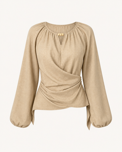 SHEIN Fast Delivery Khaki Wrap Front Long Sleeve Blouse – Elegant Draped Top