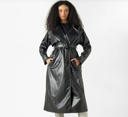 Black Faux Leather Belted Trench Coat – Women’s Long Glossy Double-Breasted Statement Coat