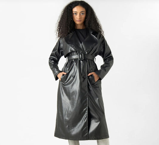 Black Faux Leather Belted Trench Coat – Women’s Long Glossy Double-Breasted Statement Coat