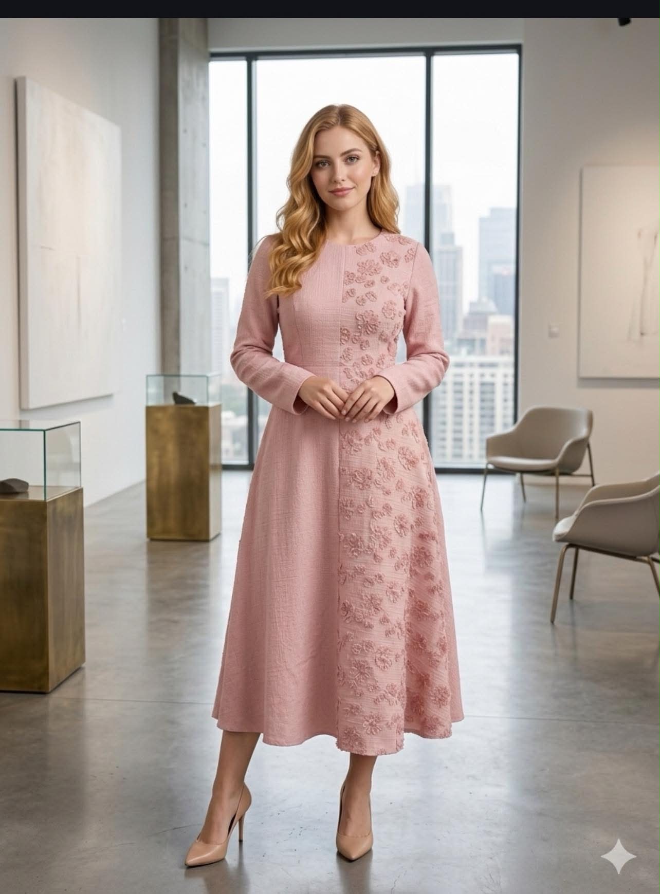 SHEIN Women’s Pink Embroidered Midi Dress – Long Sleeve Modest A-Line Dress, SHEIN Fast Delivery in 5 Days