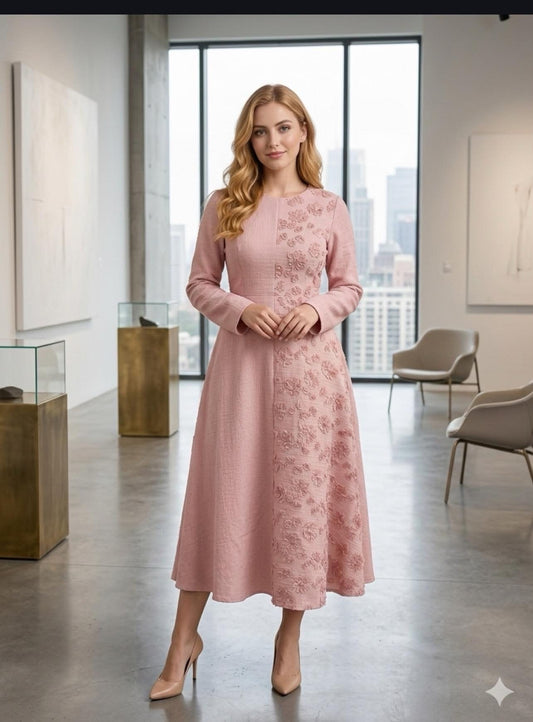 SHEIN Women’s Pink Embroidered Midi Dress – Long Sleeve Modest A-Line Dress, SHEIN Fast Delivery in 5 Days
