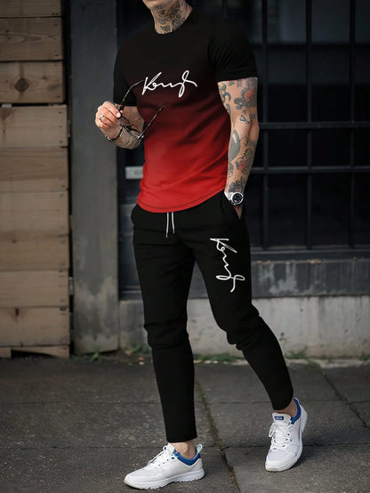 SHEIN Men’s Black & Red Gradient Casual Set – Ombre T-Shirt and Black Jogger Pants