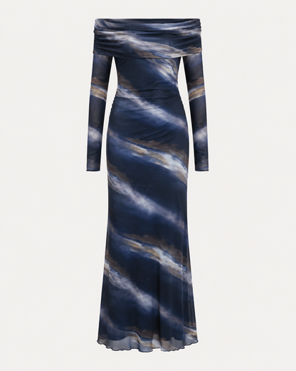 Elenzga Off-Shoulder Printed Mesh Maxi Dress – Blue Grey