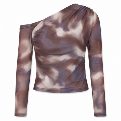 Trendyol Women’s Marble Print One Shoulder Mesh Top – Long Sleeve Sheer Blouse