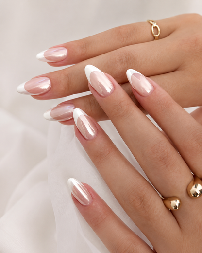White French Tip Almond Press-On Nails, Glossy Nude False Nail Set