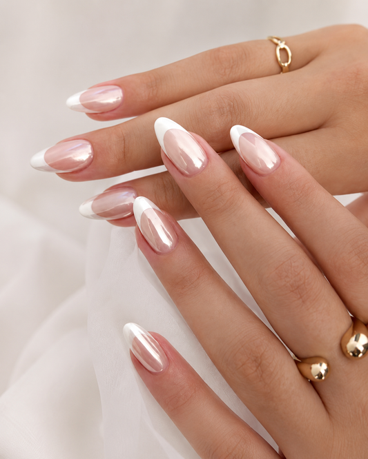 White French Tip Almond Press-On Nails, Glossy Nude False Nail Set