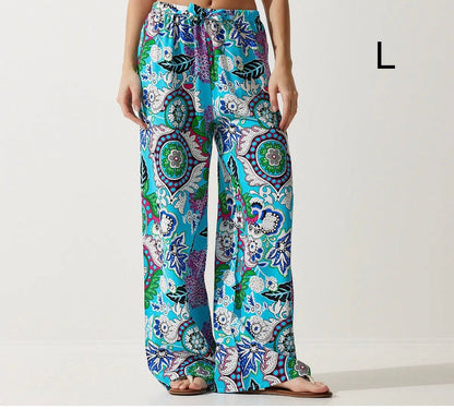 Women’s Trendyol Turquoise Paisley Wide Leg Pants – Viscose Boho Palazzo Pants