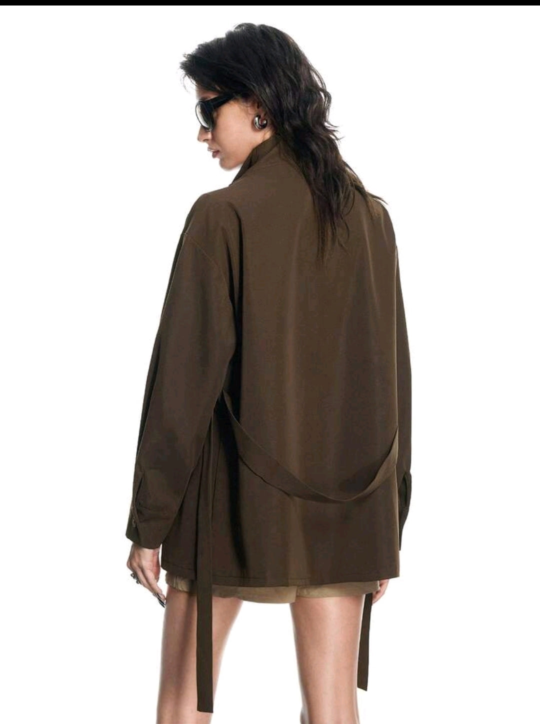 Brown Asymmetric Trench Jacket – Wavy Hem High Neck Women Utility Coat