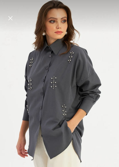 Women’s Dark Grey Embellished Button Up Shirt – Trendyol Oversized Long Sleeve Blouse