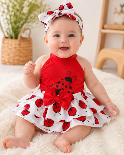 Baby Girls Red Ladybug Romper Dress with Matching Headband