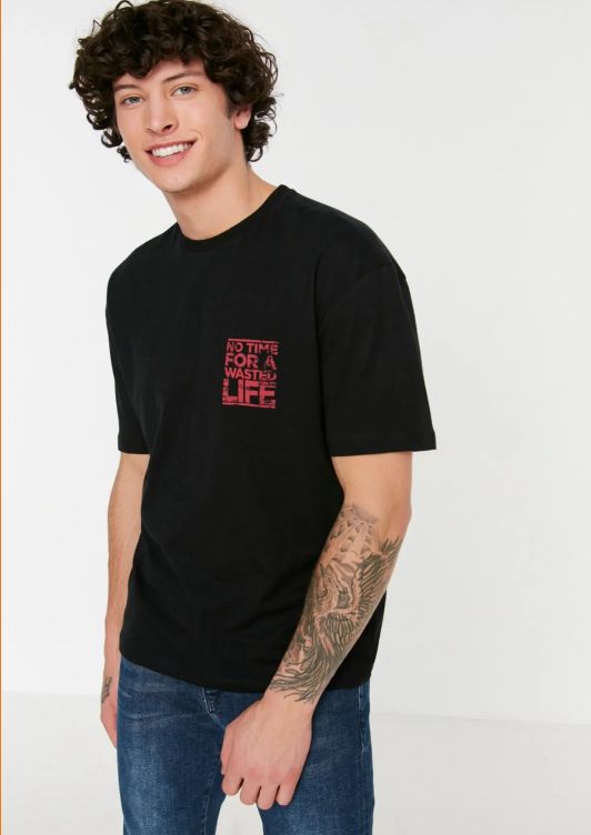 Men’s Black No Time Graphic Cotton T-Shirt, Short Sleeve Casual Streetwear Top
