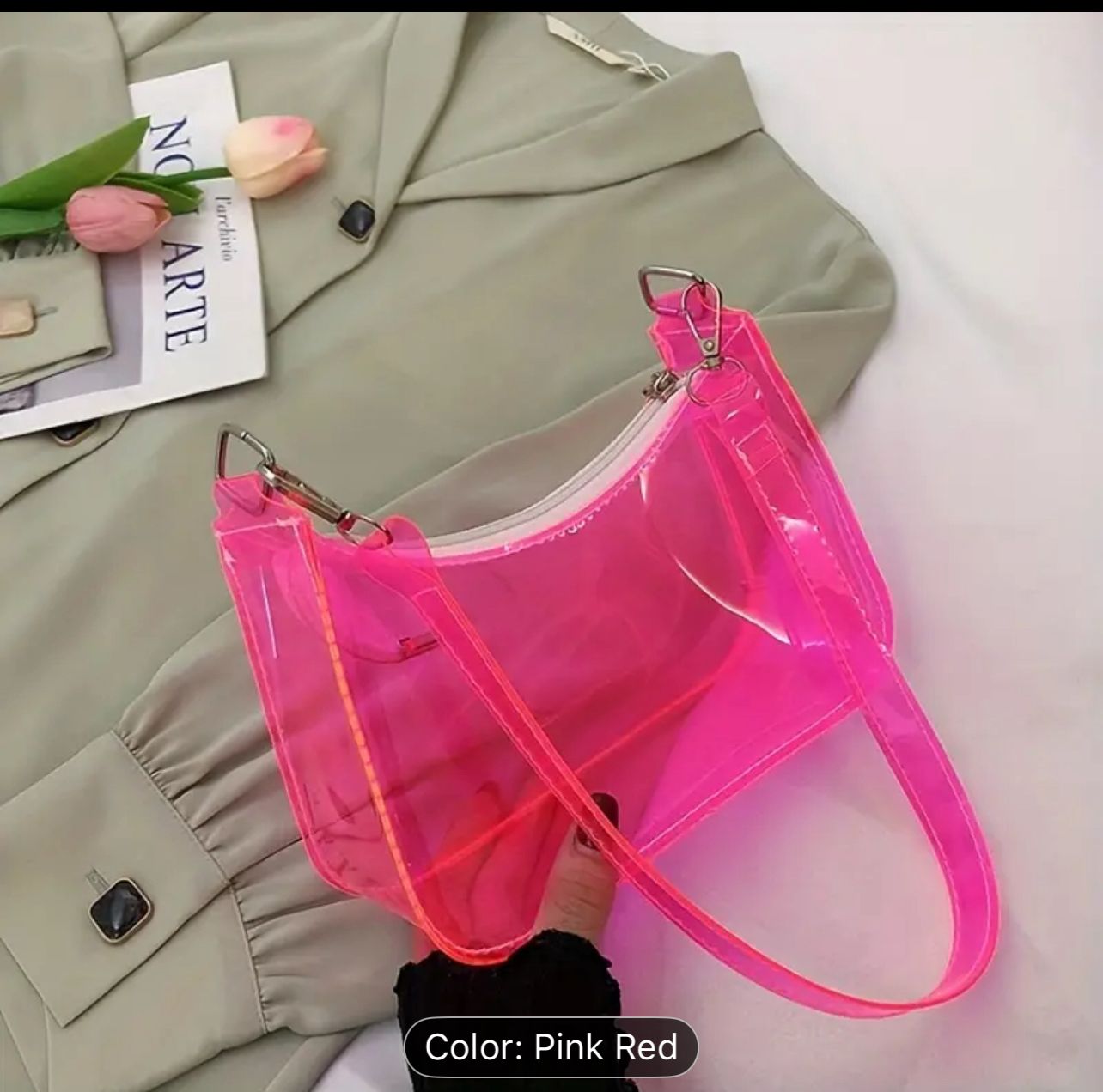 Transparent Neon Shoulder Bag, Jelly PVC Mini Hobo Bag with Detachable Strap