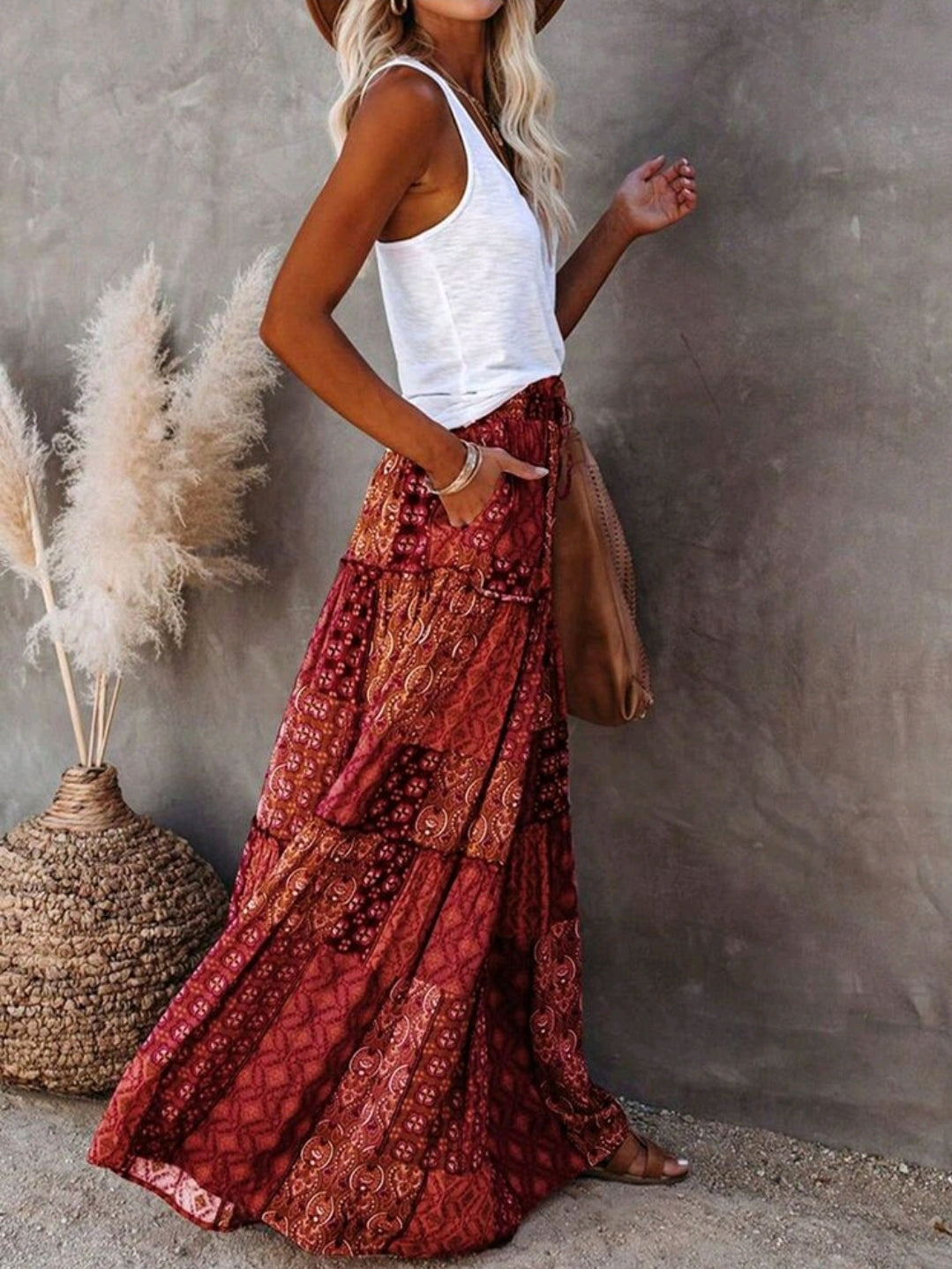 Bohemian Red Patchwork Tiered Maxi Skirt