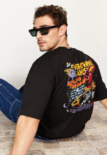 Men’s Black Small Chest Graphic Cotton T-Shirt, Short Sleeve Casual Streetwear Top