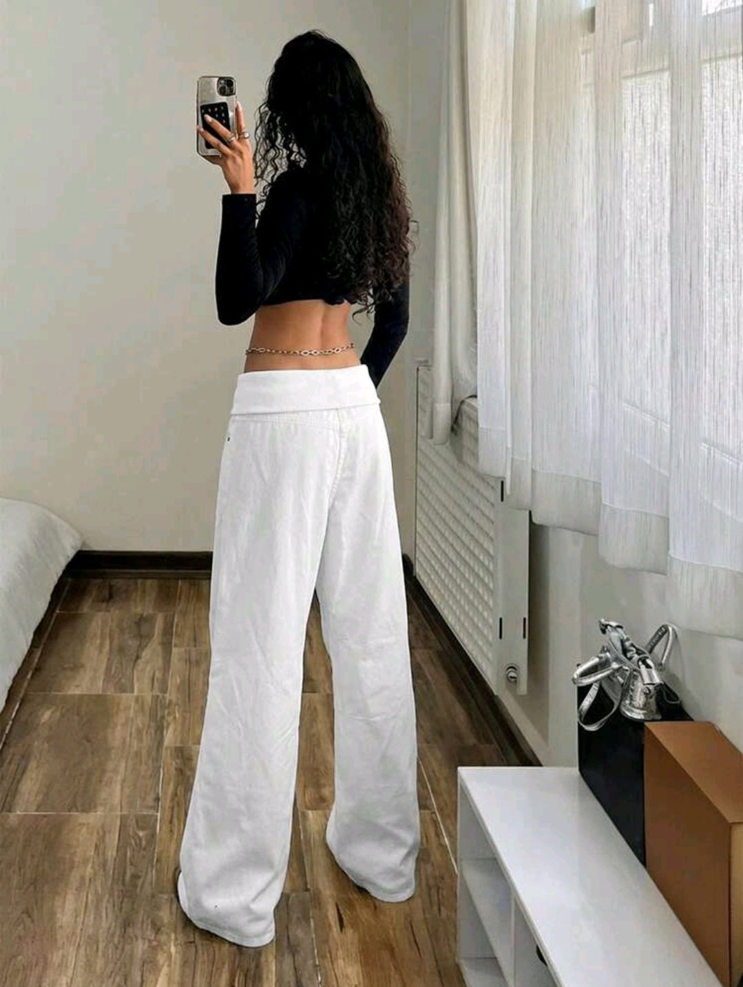 Women’s White Wide Leg Pants – Fold Over Waist Casual Cargo Style Trousers