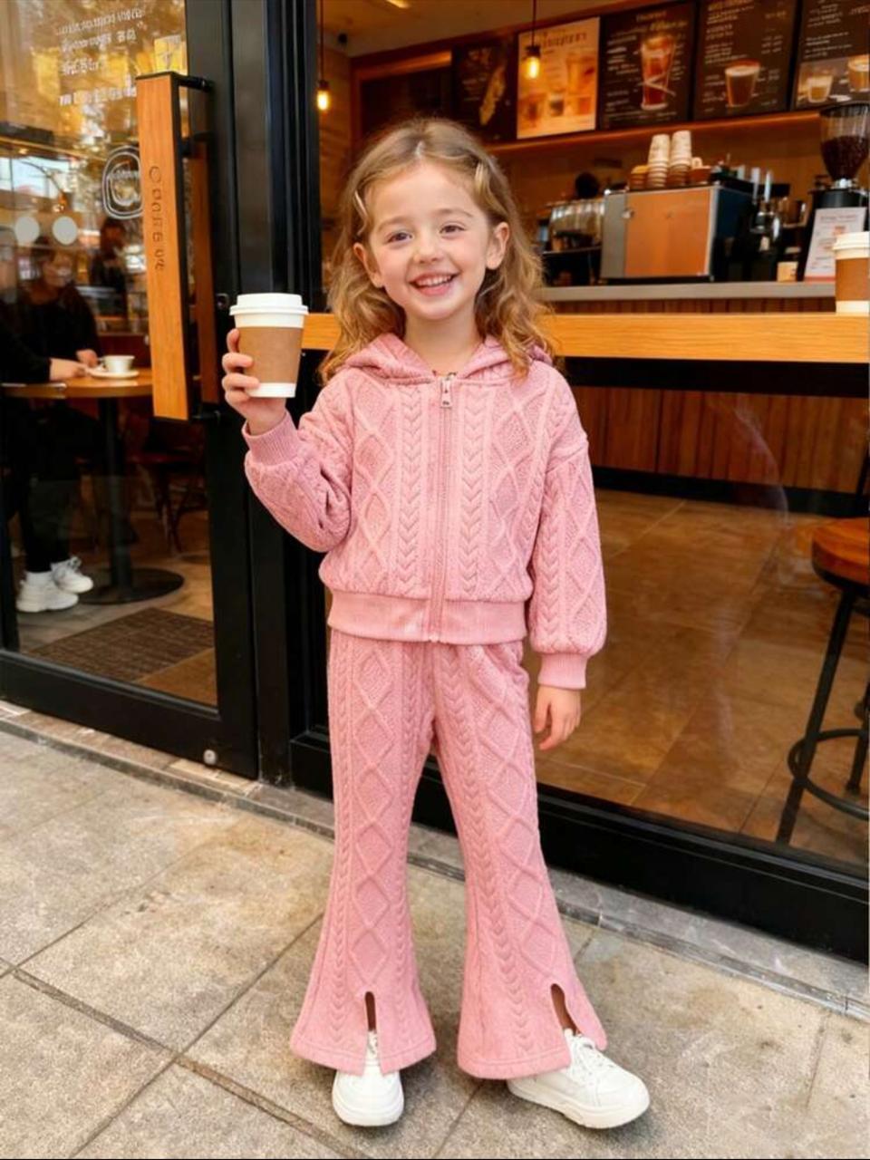 Girls Pink Cable Knit Hoodie and Flare Pants Set – Cozy 2 Piece Zip Up Outfit