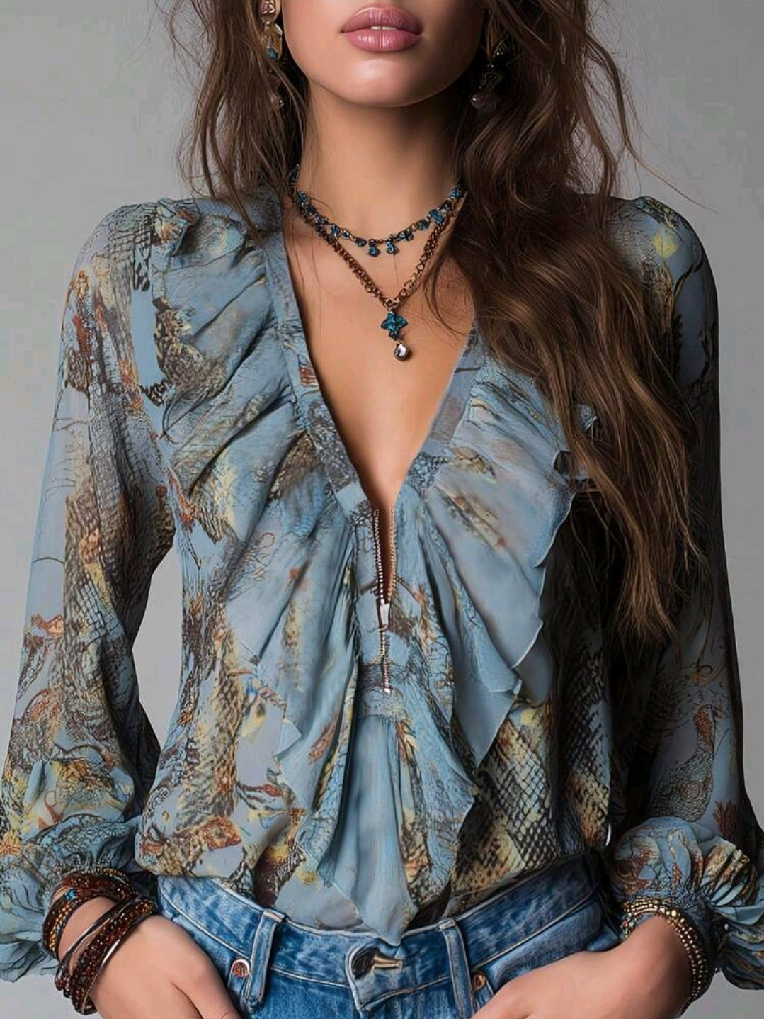 Blue Printed Ruffle V-Neck Blouse