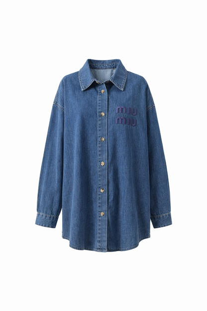 Wash Embroidered Denim Shirt for Women – Oversized Button Front Casual Long Sleeve Jean Shirt – Trendy Streetwear Top
