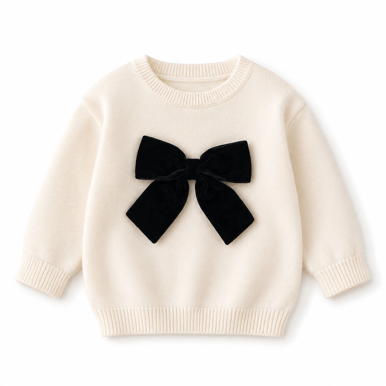 SHEIN Kids Cream Sweater with Black Bow – Soft Knit Pullover Top, SHEIN Fast Delivery in 5 Days