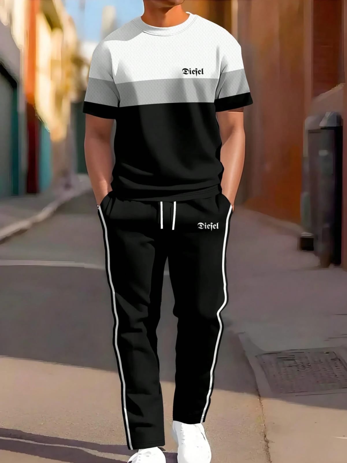 SHEIN Men’s Black & White Color Block Tracksuit Set – Short Sleeve T-Shirt and Jogger Pants