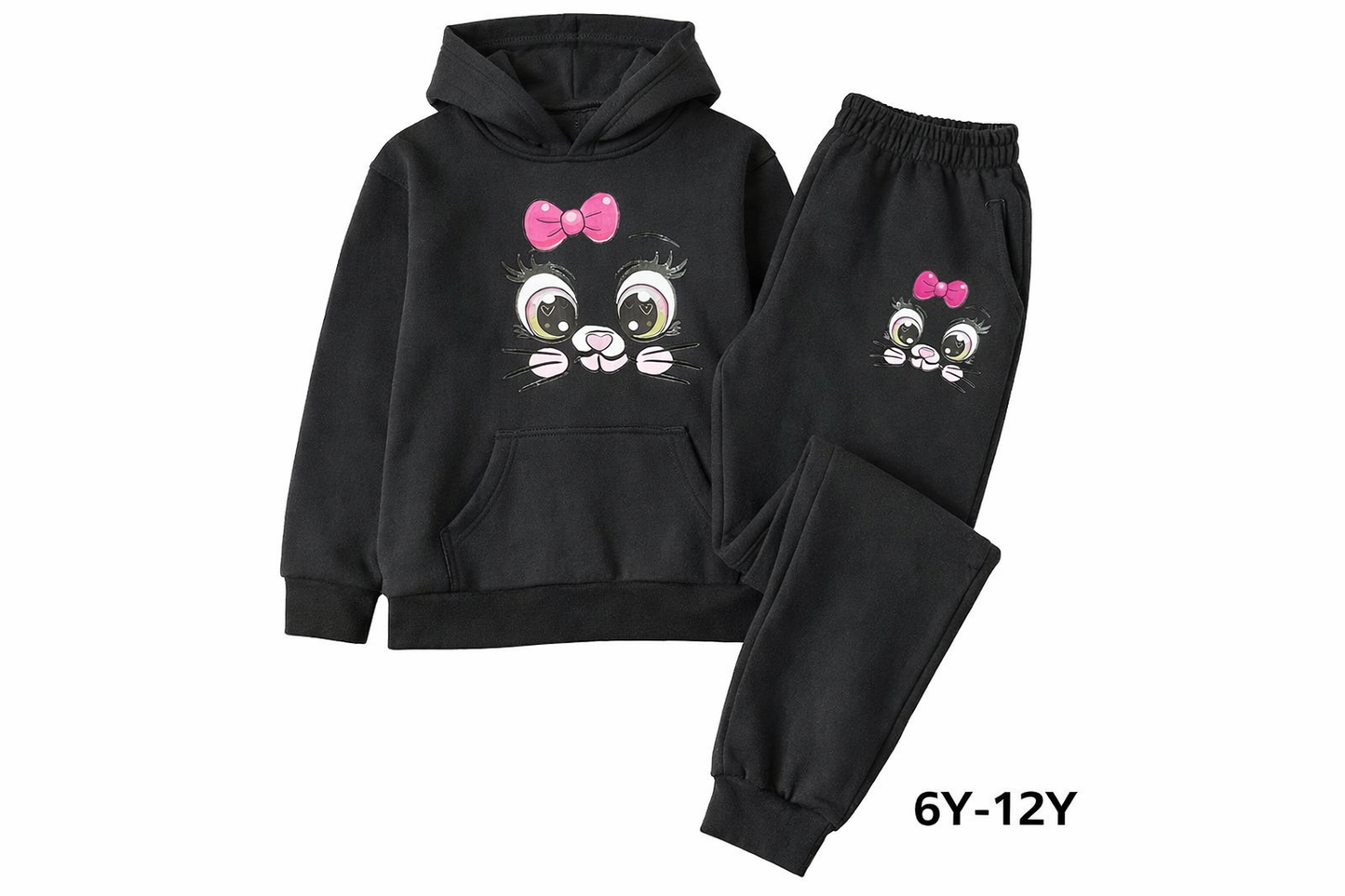 Girls Black Fleece Hoodie & Jogger Set – Cute Cartoon Cat Print – Winter Kids Tracksuit 6Y-12Y