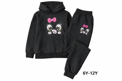 Girls Black Fleece Hoodie & Jogger Set – Cute Cartoon Cat Print – Winter Kids Tracksuit 6Y-12Y