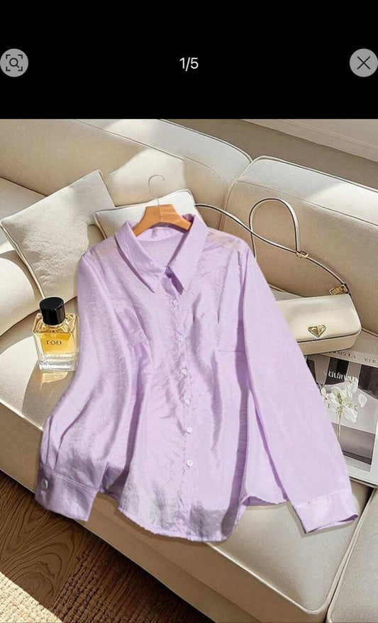 Women's Satin Button Front Shirt – Lavender Long Sleeve Collared Blouse – Glossy Loose Fit Elegant Top