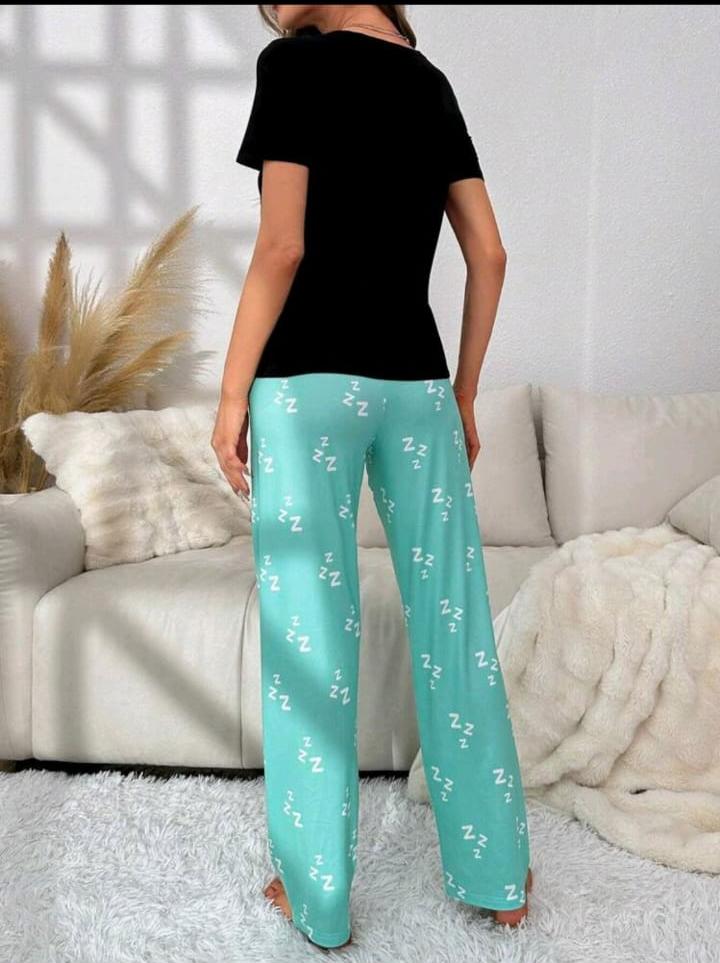 SHEIN Fast Delivery Women’s Mint Lounge Pajama Set – Graphic T-Shirt & Printed Pants
