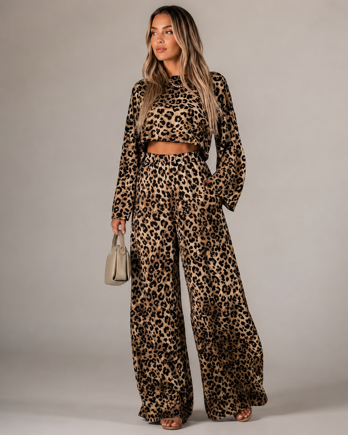 Women’s TEMU Leopard Print Three Piece Set – Crop Top, Long Cardigan and Wide Leg Pants