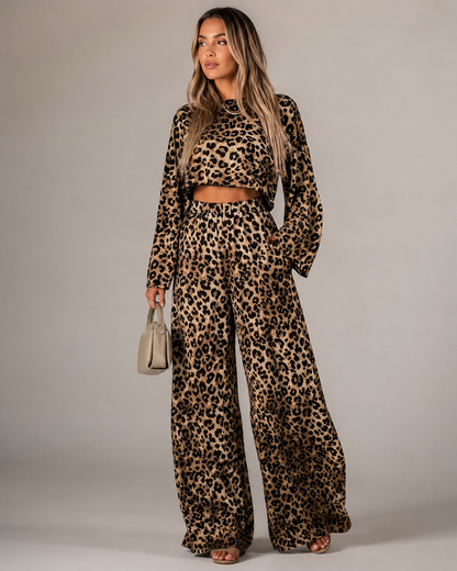 Women’s TEMU Leopard Print Three Piece Set – Crop Top, Long Cardigan and Wide Leg Pants