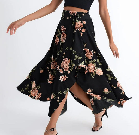 Women’s Trendyol Black Floral Wrap Skirt – Stretch Crepe Style One Size Midi Skirt