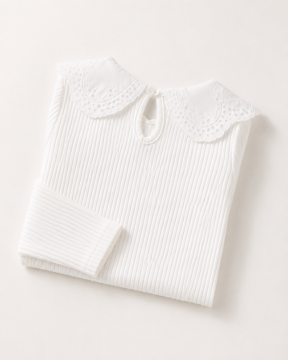 SHEIN Kids White Ribbed Lace Collar Top – Long Sleeve Elegant Girls T-Shirt, SHEIN Fast Delivery in 5 Days
