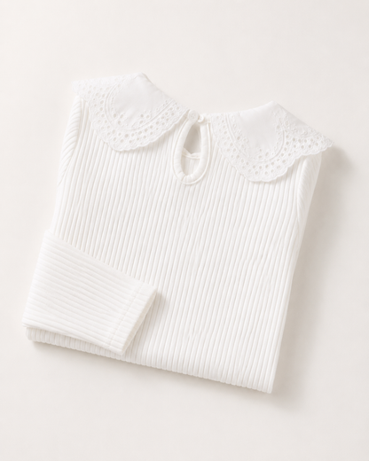 SHEIN Kids White Ribbed Lace Collar Top – Long Sleeve Elegant Girls T-Shirt, SHEIN Fast Delivery in 5 Days