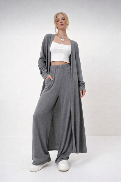 Women’s Grey Wide Leg Lounge Pants with Long Open Cardigan Set – Soft Relaxed Two Piece Outfit