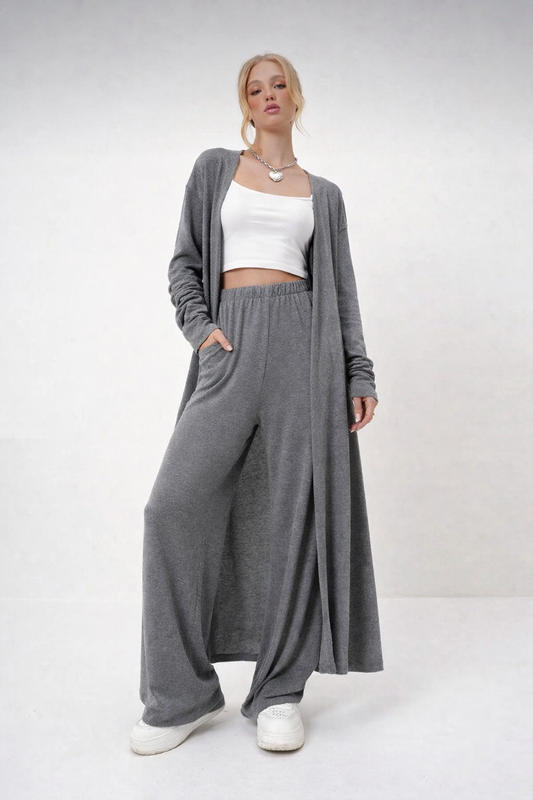 Women’s Grey Wide Leg Lounge Pants with Long Open Cardigan Set – Soft Relaxed Two Piece Outfit