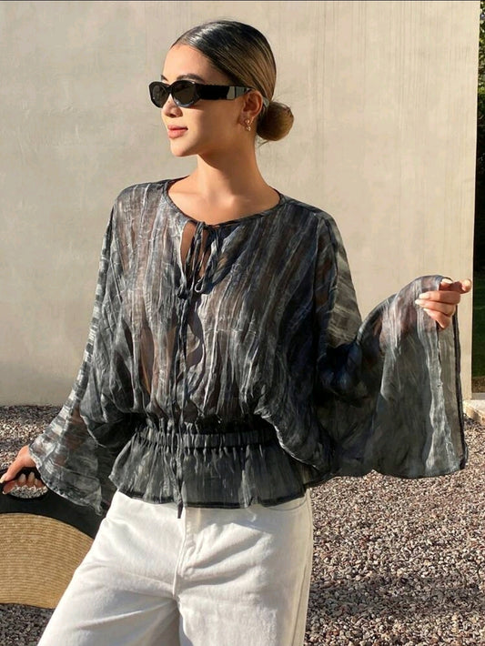 Sheer Marble Print Tie-Neck Blouse – Batwing Sleeve Boho Peplum Top for Women